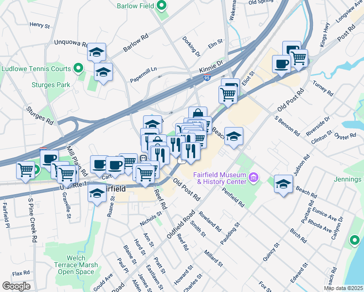 map of restaurants, bars, coffee shops, grocery stores, and more near 1262 Post Road in Fairfield