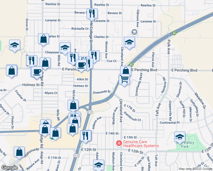 map of restaurants, bars, coffee shops, grocery stores, and more near 4104 Greenway Street in Cheyenne