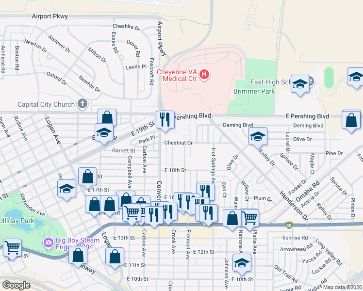 map of restaurants, bars, coffee shops, grocery stores, and more near 1847 Crook Avenue in Cheyenne