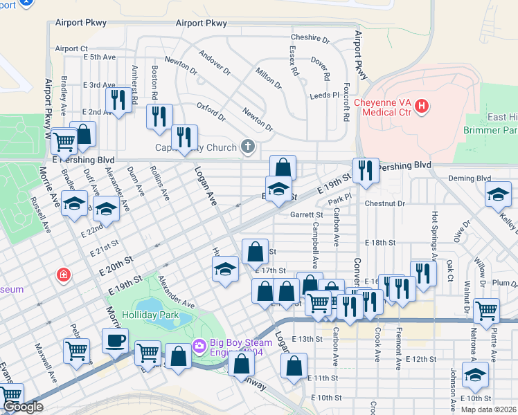 map of restaurants, bars, coffee shops, grocery stores, and more near in Cheyenne