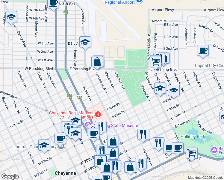 map of restaurants, bars, coffee shops, grocery stores, and more near 2510 Maxwell Avenue in Cheyenne