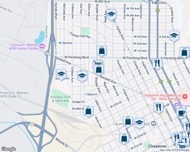 map of restaurants, bars, coffee shops, grocery stores, and more near 3050 Snyder Avenue in Cheyenne
