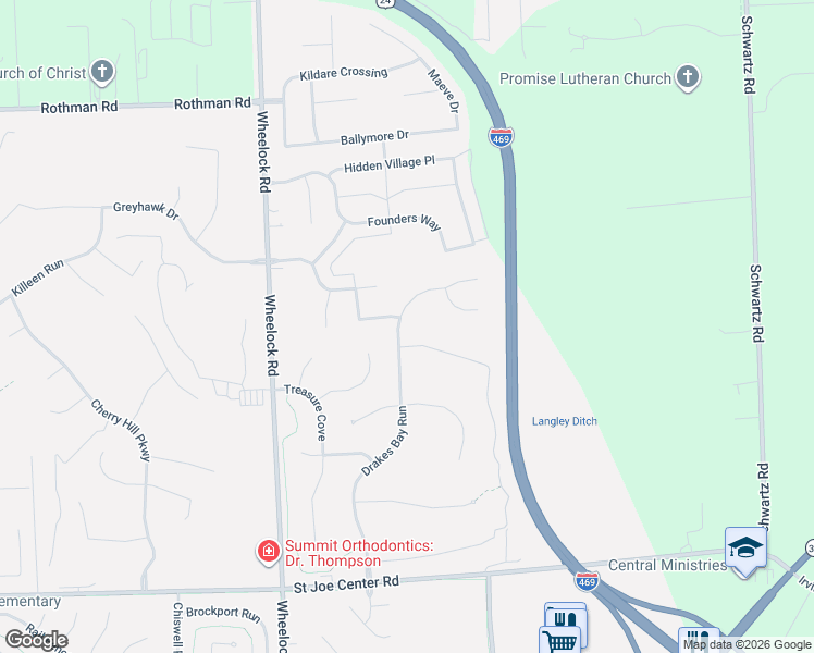 map of restaurants, bars, coffee shops, grocery stores, and more near 9719 Bitter End Cove in Fort Wayne