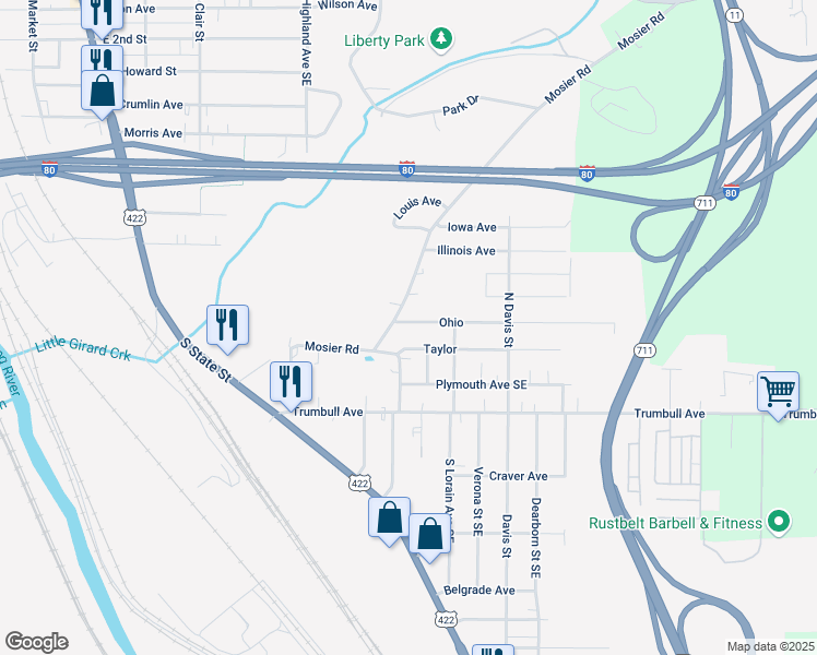 map of restaurants, bars, coffee shops, grocery stores, and more near 215 Ohio in Girard