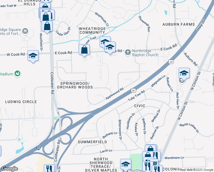 map of restaurants, bars, coffee shops, grocery stores, and more near 1005 Cherryblossom Lane in Fort Wayne