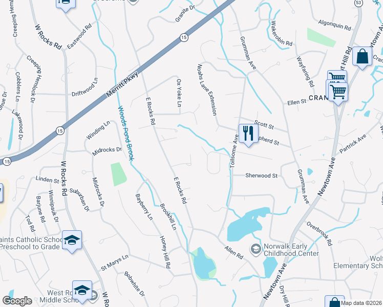 map of restaurants, bars, coffee shops, grocery stores, and more near 154 E Rocks Rd in Norwalk