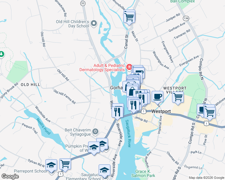 map of restaurants, bars, coffee shops, grocery stores, and more near 84 Wilton Road in Westport