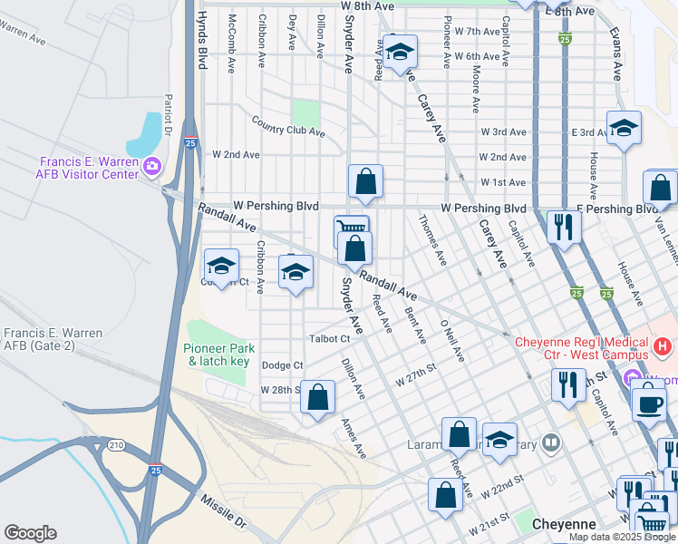 map of restaurants, bars, coffee shops, grocery stores, and more near 3050 Snyder Avenue in Cheyenne