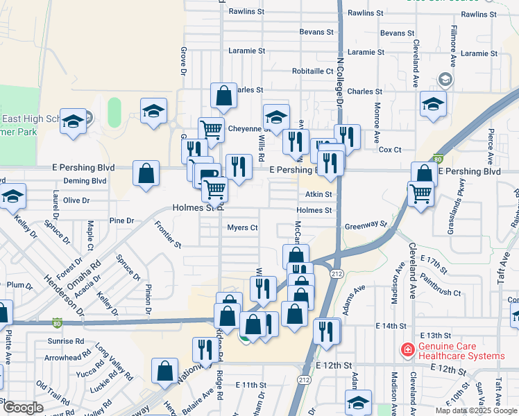map of restaurants, bars, coffee shops, grocery stores, and more near 2645 Wills Rd in Cheyenne