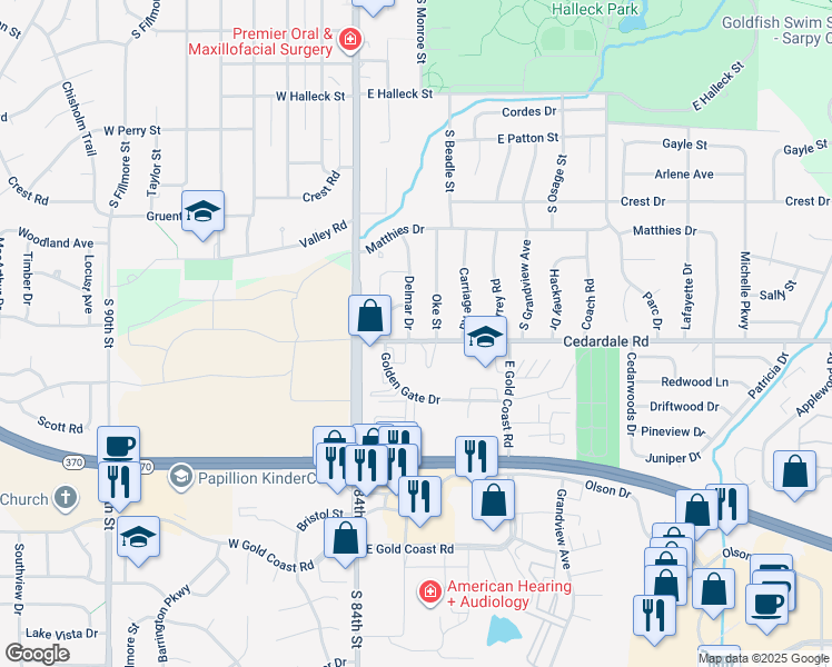 map of restaurants, bars, coffee shops, grocery stores, and more near 1129 Delmar Drive in Papillion