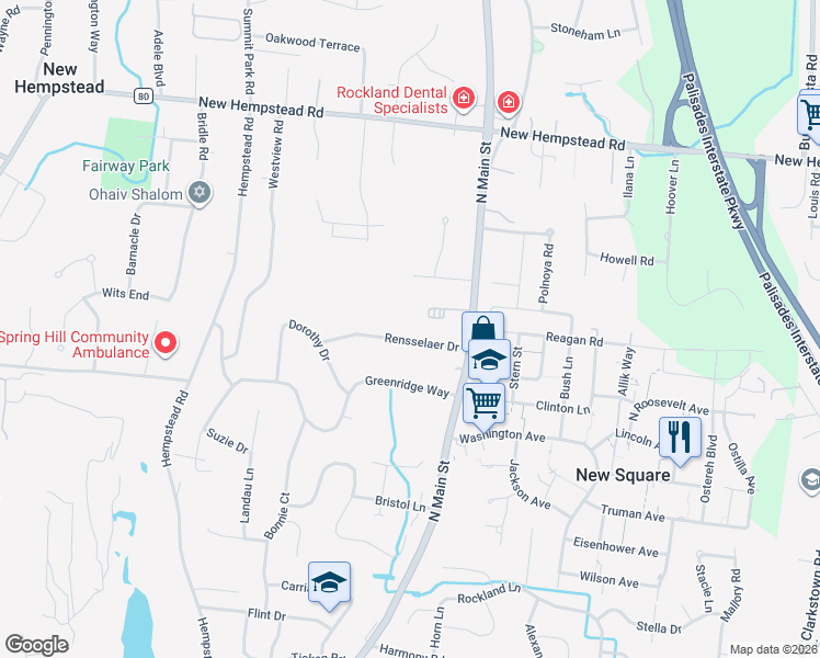 map of restaurants, bars, coffee shops, grocery stores, and more near 11 Rensselaer Drive in Spring Valley