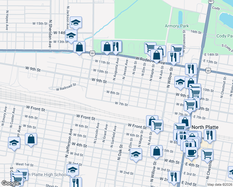 map of restaurants, bars, coffee shops, grocery stores, and more near 751-799 North Augusta Avenue in North Platte
