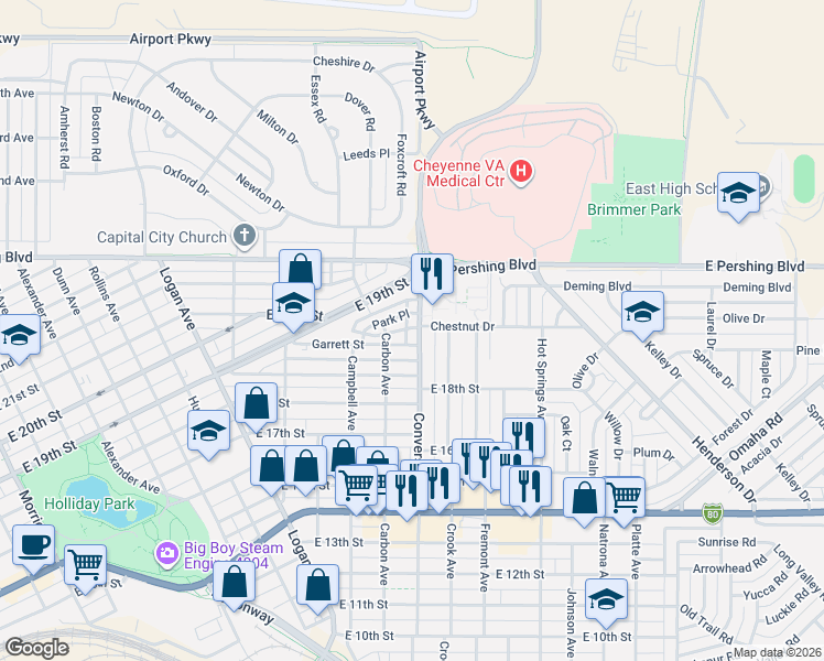 map of restaurants, bars, coffee shops, grocery stores, and more near 1845 Converse Avenue in Cheyenne