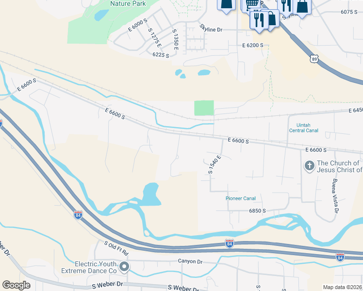 map of restaurants, bars, coffee shops, grocery stores, and more near 6640 South 1400 East in Ogden