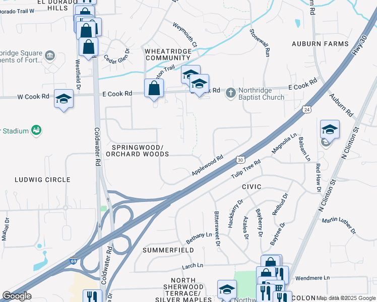 map of restaurants, bars, coffee shops, grocery stores, and more near 1005-1015 Cherryblossom Lane in Fort Wayne
