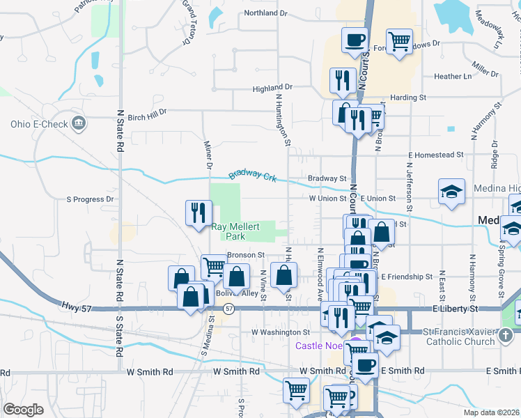 map of restaurants, bars, coffee shops, grocery stores, and more near 308 West Union Street in Medina