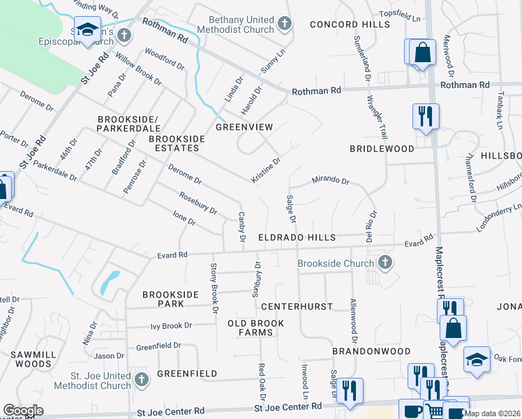 map of restaurants, bars, coffee shops, grocery stores, and more near 6825 Ramblewood Drive in Fort Wayne