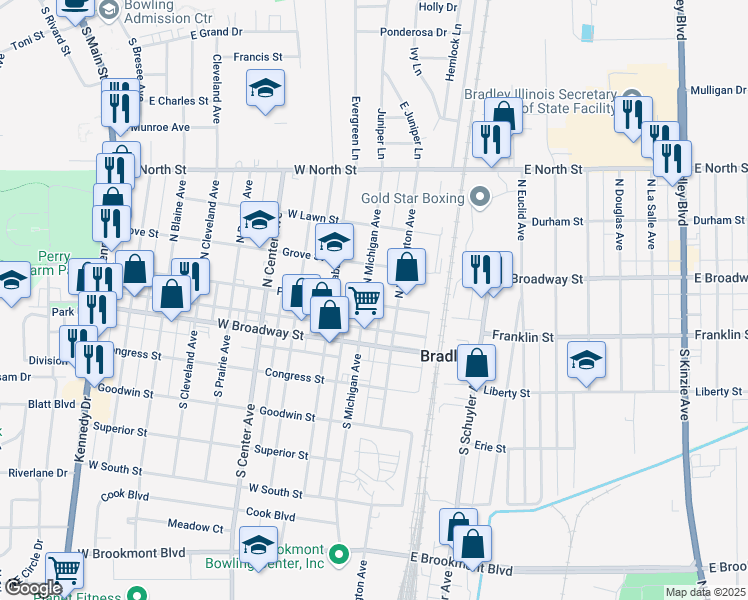 map of restaurants, bars, coffee shops, grocery stores, and more near 196 North Michigan Avenue in Bradley