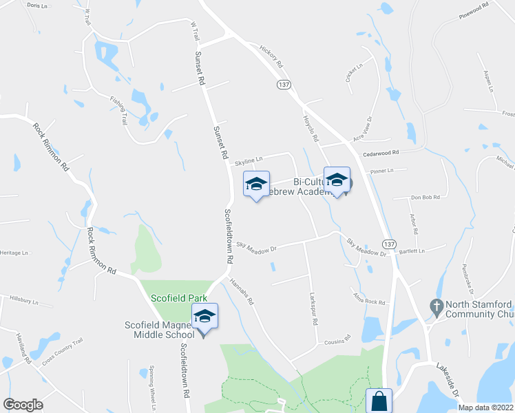 map of restaurants, bars, coffee shops, grocery stores, and more near 161 Sky Meadow Drive in Stamford
