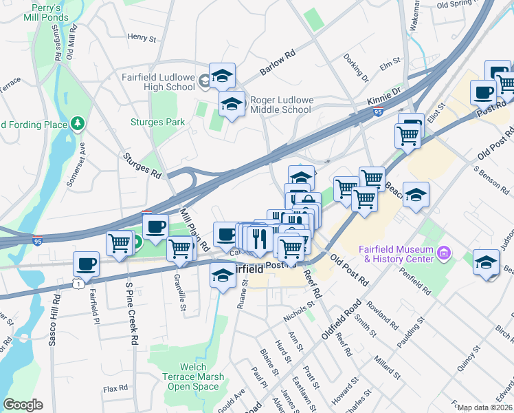map of restaurants, bars, coffee shops, grocery stores, and more near 245 Unquowa Road in Fairfield
