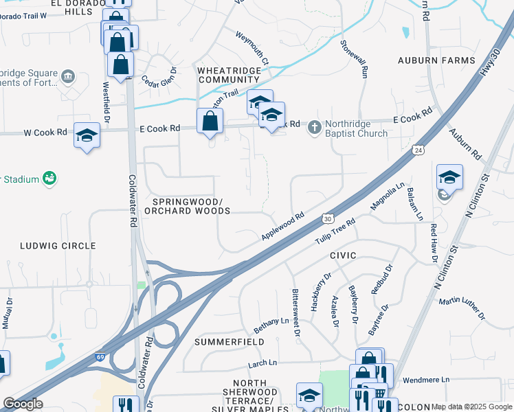map of restaurants, bars, coffee shops, grocery stores, and more near 1005-1015 Cherryblossom Lane in Fort Wayne