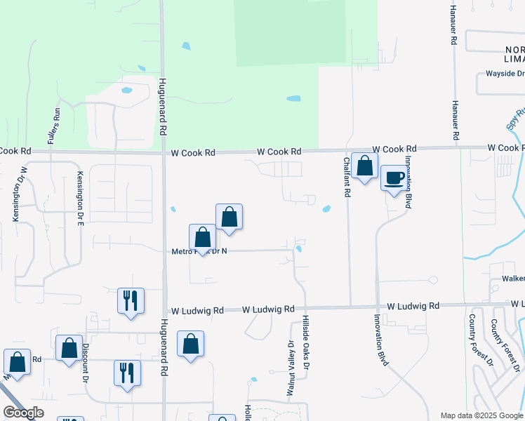 map of restaurants, bars, coffee shops, grocery stores, and more near 7117 Venture Lane in Fort Wayne