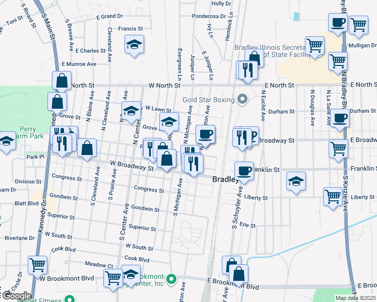 map of restaurants, bars, coffee shops, grocery stores, and more near 196 North Michigan Avenue in Bradley