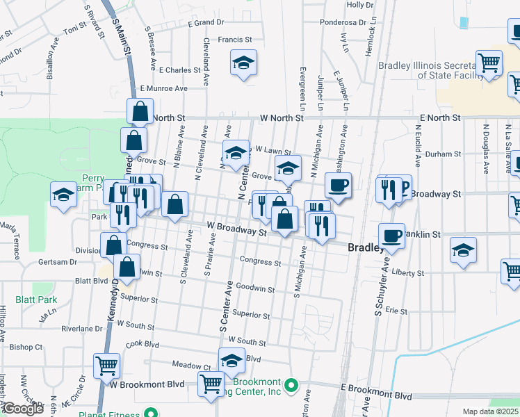 map of restaurants, bars, coffee shops, grocery stores, and more near 174 North Grand Avenue in Bradley