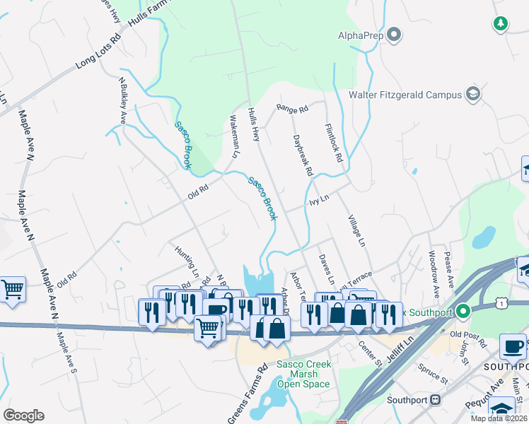 map of restaurants, bars, coffee shops, grocery stores, and more near 11 Grist Mill Lane in Westport