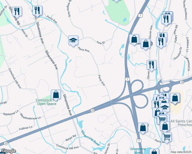 map of restaurants, bars, coffee shops, grocery stores, and more near 117 Perry Avenue in Norwalk
