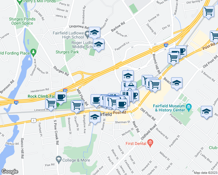 map of restaurants, bars, coffee shops, grocery stores, and more near 245 Unquowa Road in Fairfield