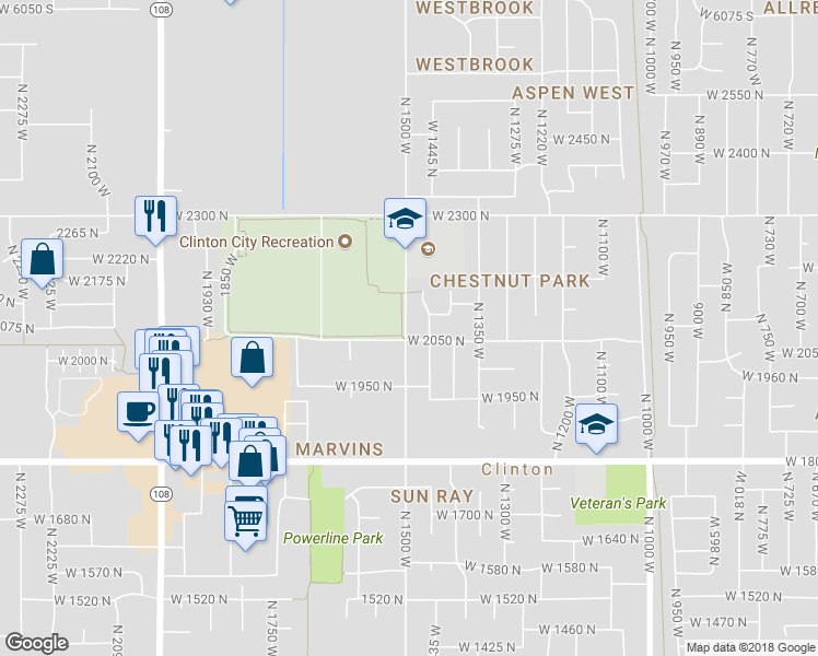 map of restaurants, bars, coffee shops, grocery stores, and more near 2050 North 1500 West in Clinton