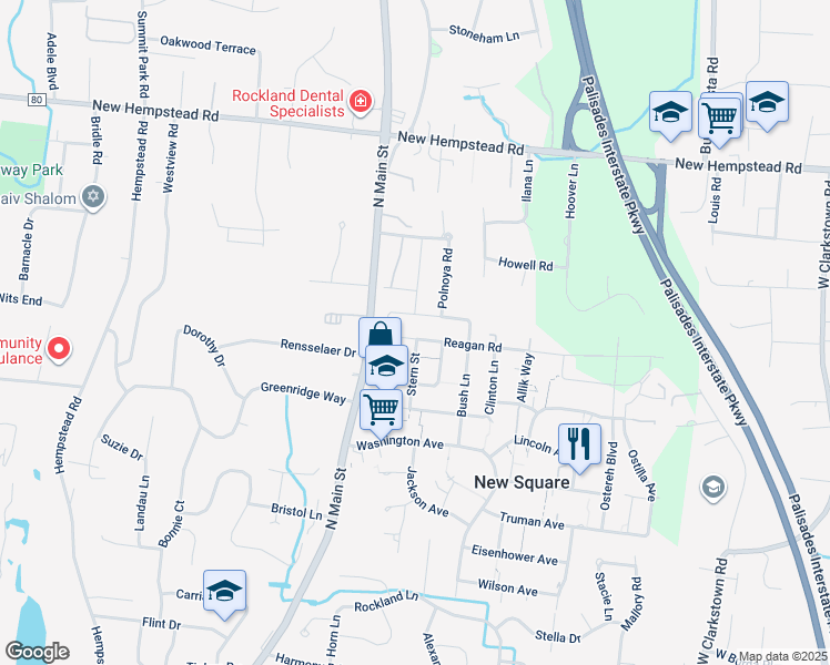 map of restaurants, bars, coffee shops, grocery stores, and more near 43 Reagan Road in Spring Valley