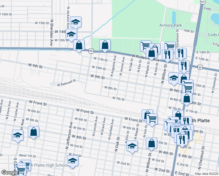 map of restaurants, bars, coffee shops, grocery stores, and more near 799 North Augusta Avenue in North Platte