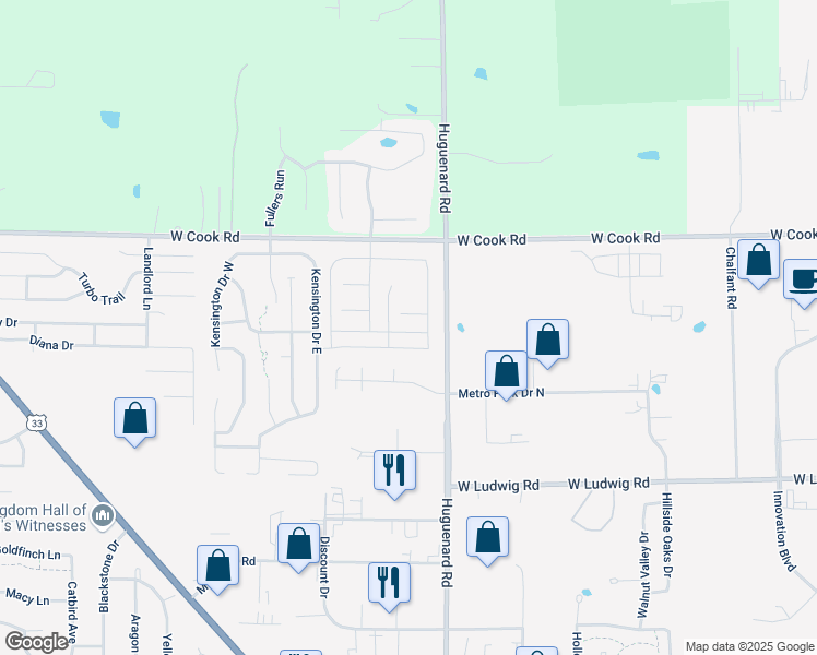 map of restaurants, bars, coffee shops, grocery stores, and more near 3870 Haslemere Way in Fort Wayne
