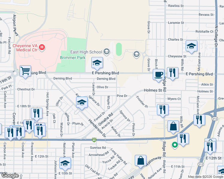 map of restaurants, bars, coffee shops, grocery stores, and more near 2856 Pine Drive in Cheyenne