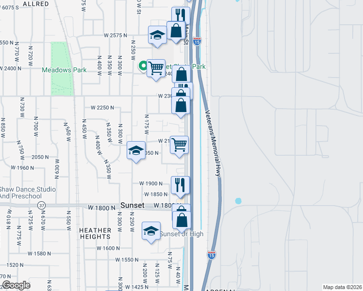 map of restaurants, bars, coffee shops, grocery stores, and more near 2085 North Main Street in Sunset