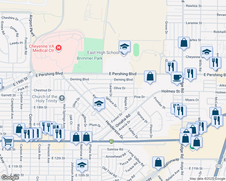 map of restaurants, bars, coffee shops, grocery stores, and more near 2808 Pine Drive in Cheyenne