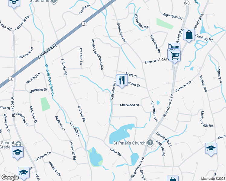 map of restaurants, bars, coffee shops, grocery stores, and more near Toilsome Avenue in Norwalk