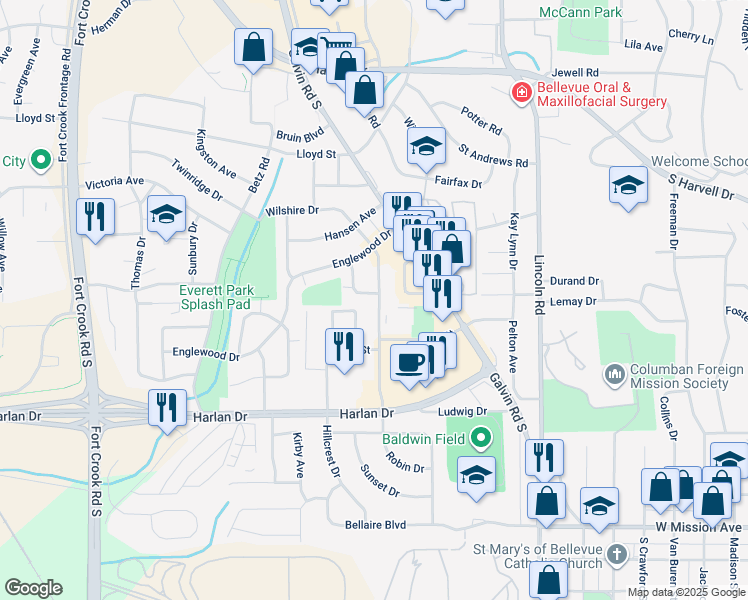 map of restaurants, bars, coffee shops, grocery stores, and more near 1301 Willis Avenue in Bellevue