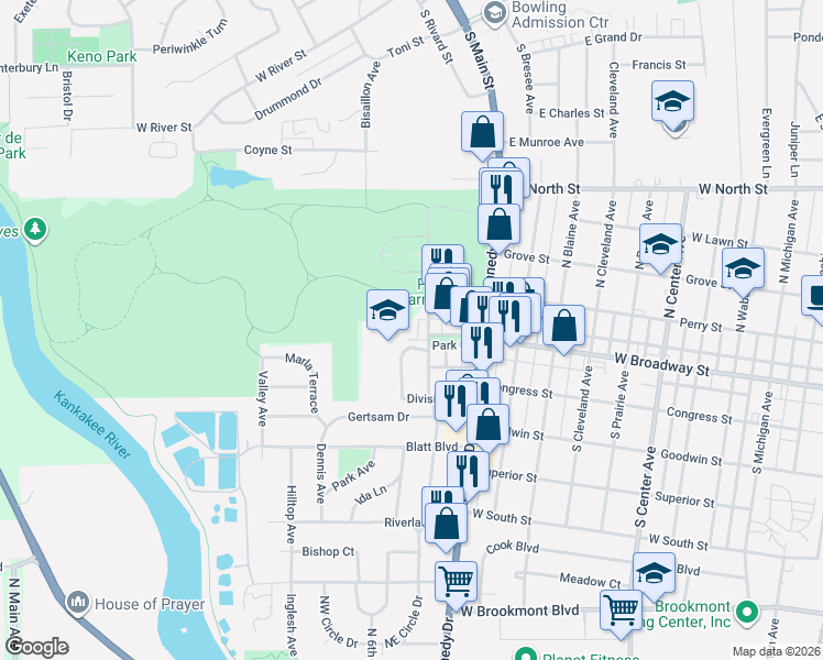 map of restaurants, bars, coffee shops, grocery stores, and more near 111 South Crosswell Avenue in Bradley