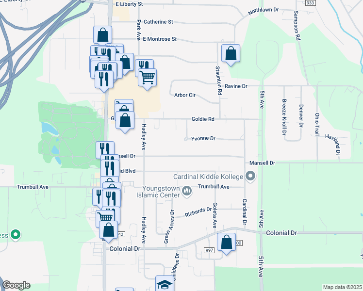 map of restaurants, bars, coffee shops, grocery stores, and more near 318 Mansell Drive in Youngstown