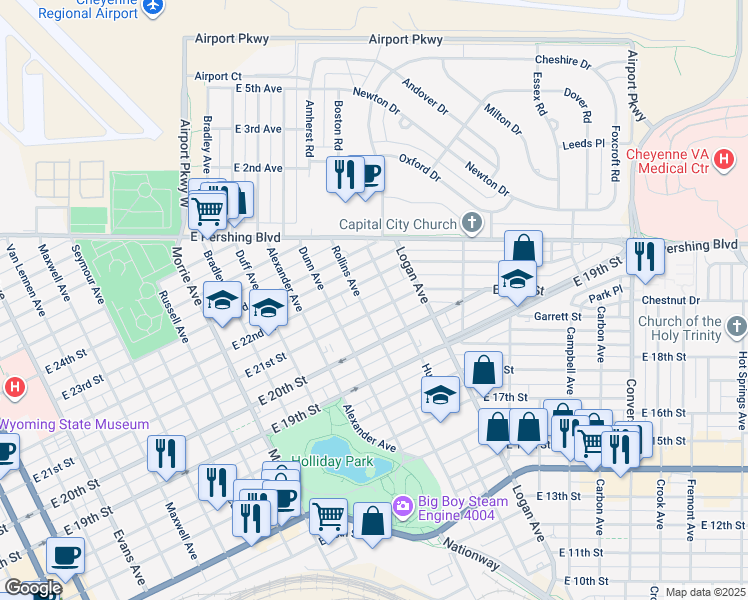 map of restaurants, bars, coffee shops, grocery stores, and more near 1517 East 21st Street in Cheyenne