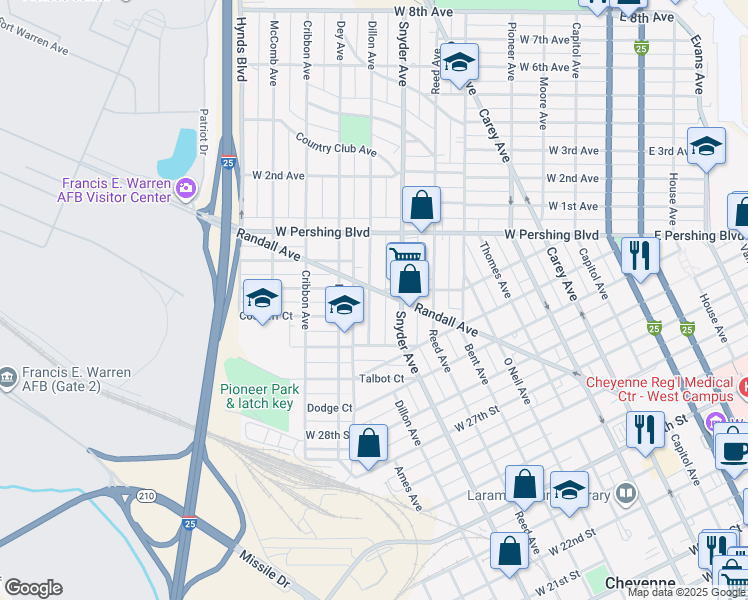 map of restaurants, bars, coffee shops, grocery stores, and more near 3050 Snyder Avenue in Cheyenne