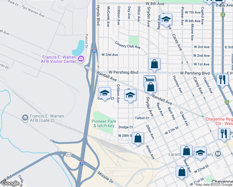 map of restaurants, bars, coffee shops, grocery stores, and more near 1316 Cosgriff Court in Cheyenne
