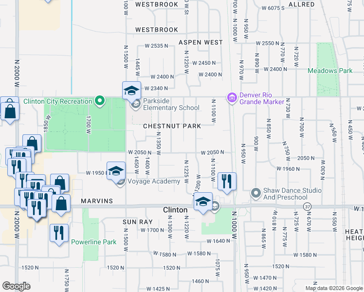 map of restaurants, bars, coffee shops, grocery stores, and more near 1266 West 2050 North in Clinton