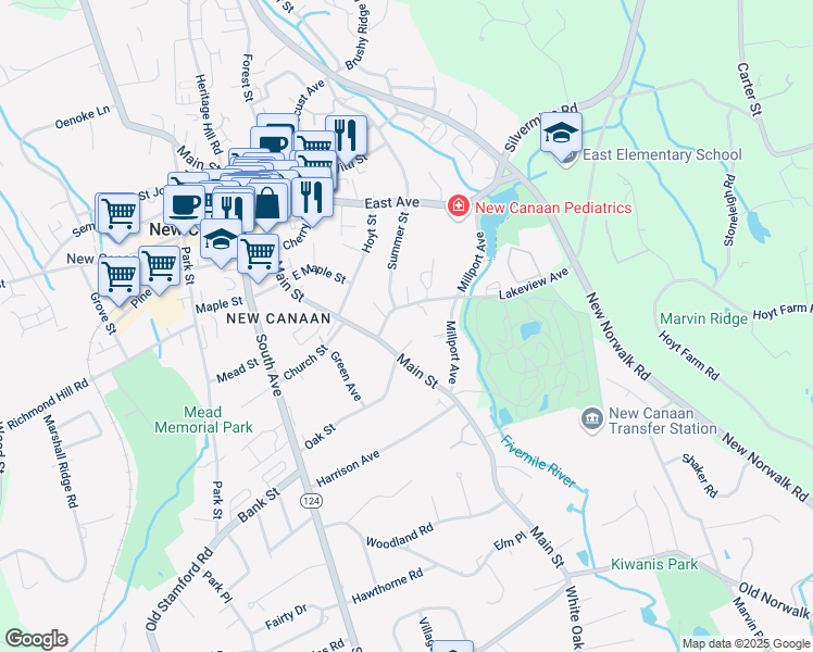 map of restaurants, bars, coffee shops, grocery stores, and more near 290 Main Street in New Canaan
