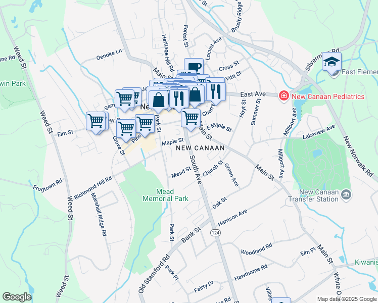 map of restaurants, bars, coffee shops, grocery stores, and more near 103 South Avenue in New Canaan