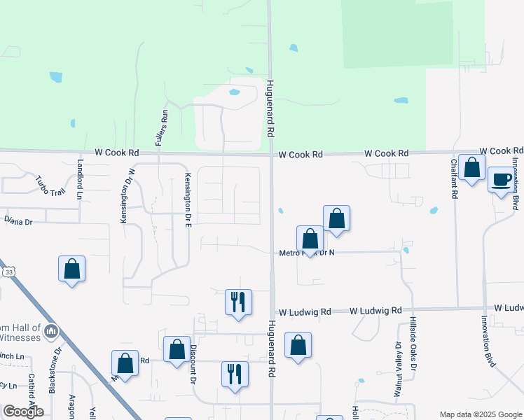 map of restaurants, bars, coffee shops, grocery stores, and more near 3870 Haslemere Way in Fort Wayne