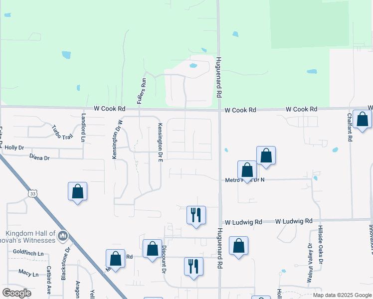 map of restaurants, bars, coffee shops, grocery stores, and more near 4023 Haslemere Way in Fort Wayne